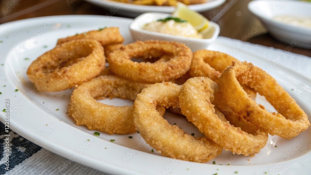 A plate of crispy golden-brown onion rings served with a creamy dipping sauce A plate of crispy golden-brown onion rings served with a creamy dipping sauce