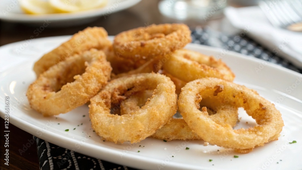A plate of crispy golden-brown onion rings, seasoned with herbs, served as a delicious appetizer A plate of crispy golden-brown onion rings, seasoned with herbs, served as a delicious appetizer