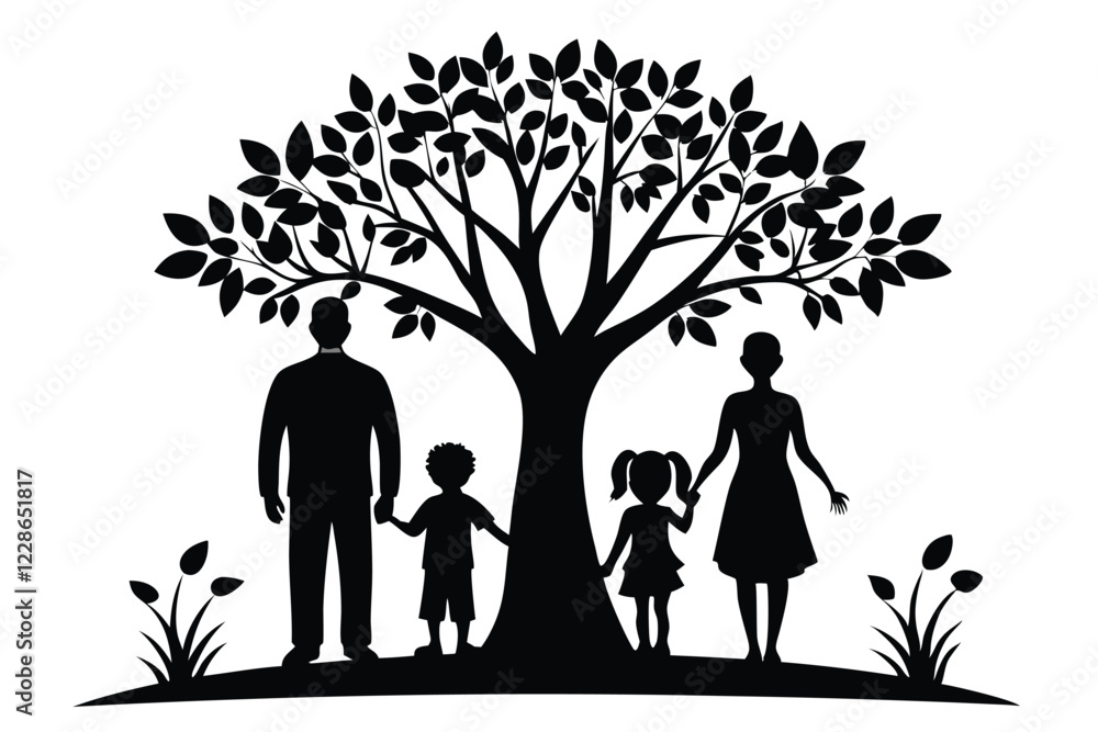 silhouette of a Family and child walking under a tree white background silhouette of a Family and child walking under a tree white background