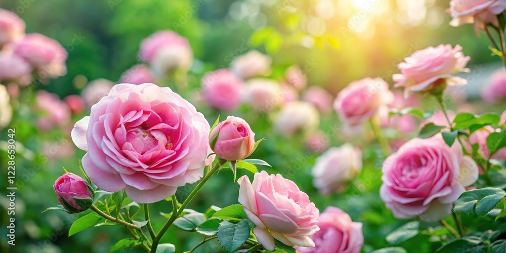 Roses in a garden with lush greenery and soft pink hues , floral arrangement Roses in a garden with lush greenery and soft pink hues , floral arrangement