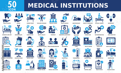 Medical institutions icon set collection. Simple color fill vector.