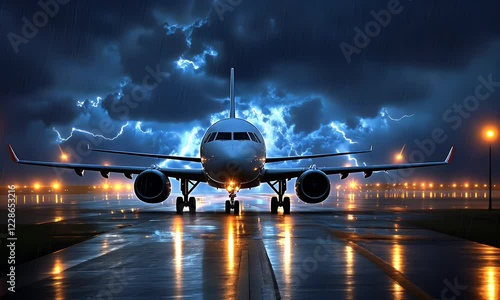 A dramatic scene of an airplane on a runway illuminated by lightning and rain.