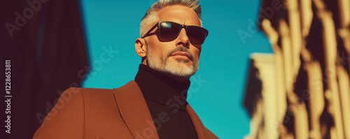 High fashion concept. Portrait of fashionable mature male model walking in luxurious clothing among Paris buildings. Luxury brands campaign style. Banner. Text space. Outdoor shot