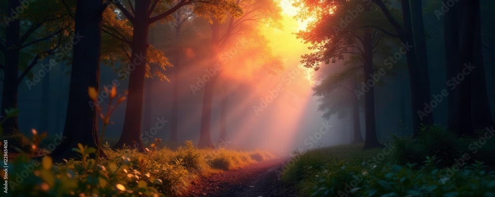 Sparkling rainbow mist rises from a forest glade at dawn, nature, sparkle, colors
