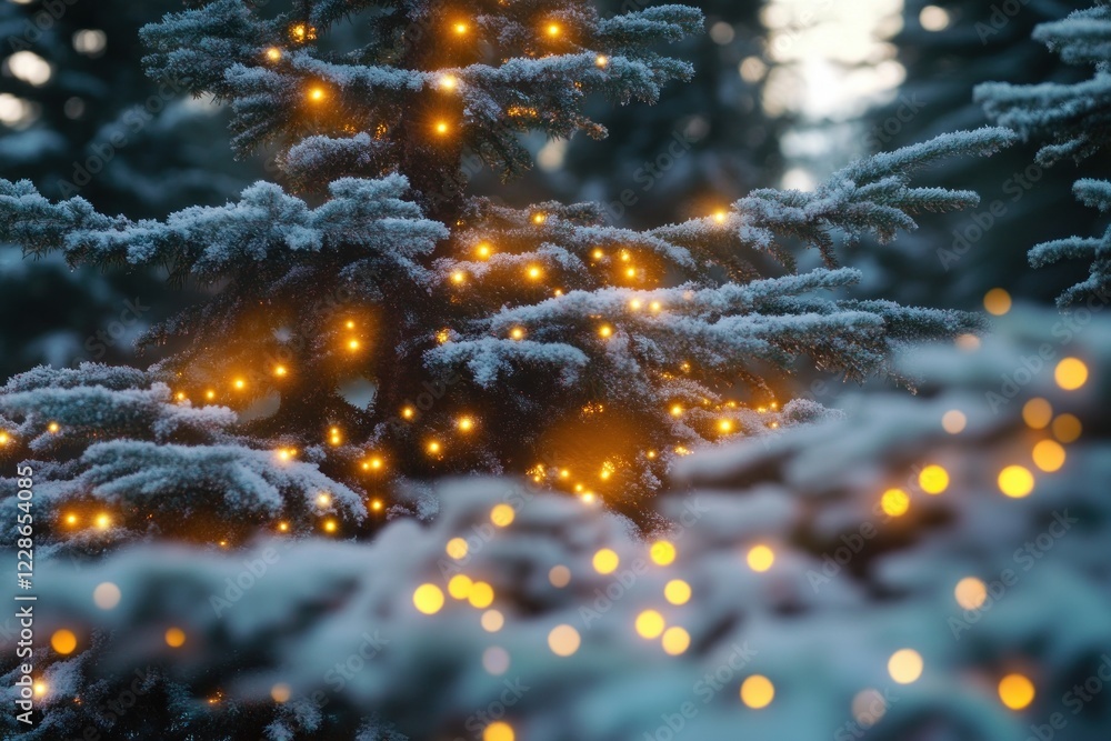 Winter Wonderland Snow Covered Evergreen Tree with Fairy Lights for Holiday Season Background Winter Wonderland Snow Covered Evergreen Tree with Fairy Lights for Holiday Season Background