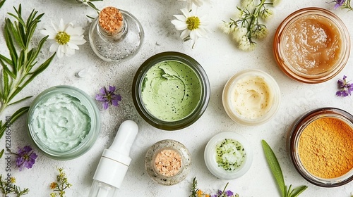 Natural skincare products with herbs and flowers. Flat lay for beauty blog or website