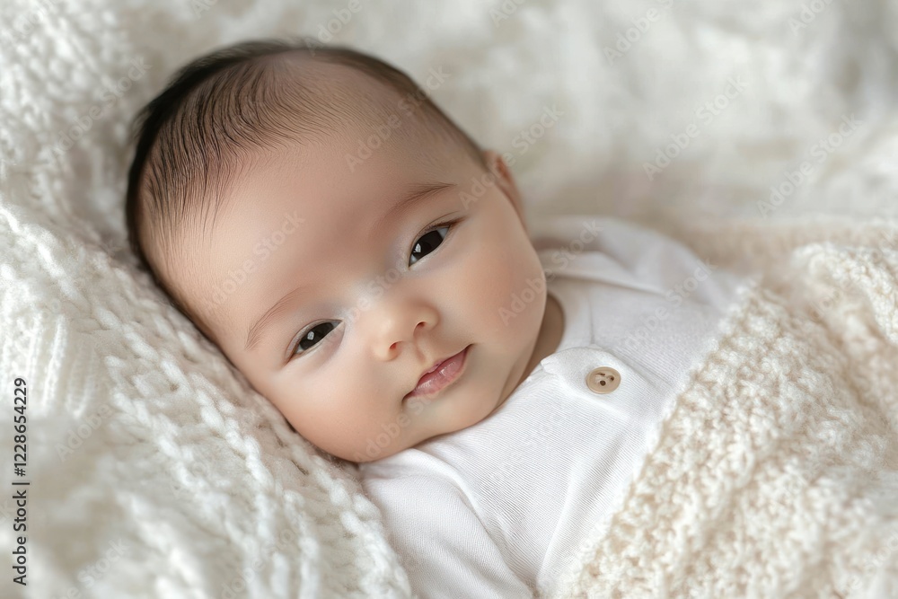 Tender and Serene Baby on Soft White Blanket in Bright Bedroom Tender and Serene Baby on Soft White Blanket in Bright Bedroom
