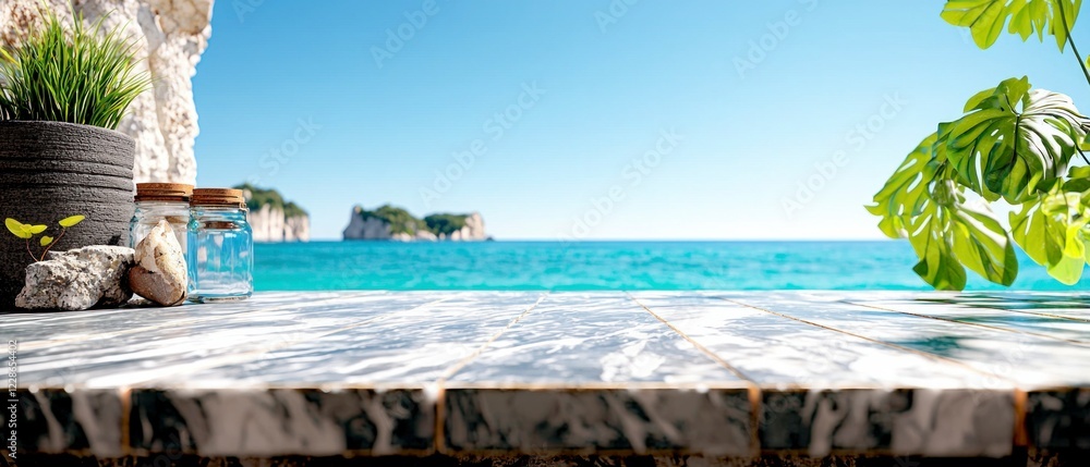 Fototapeta premium Coastal Summer Mockup Marble Table Ocean View Product Display