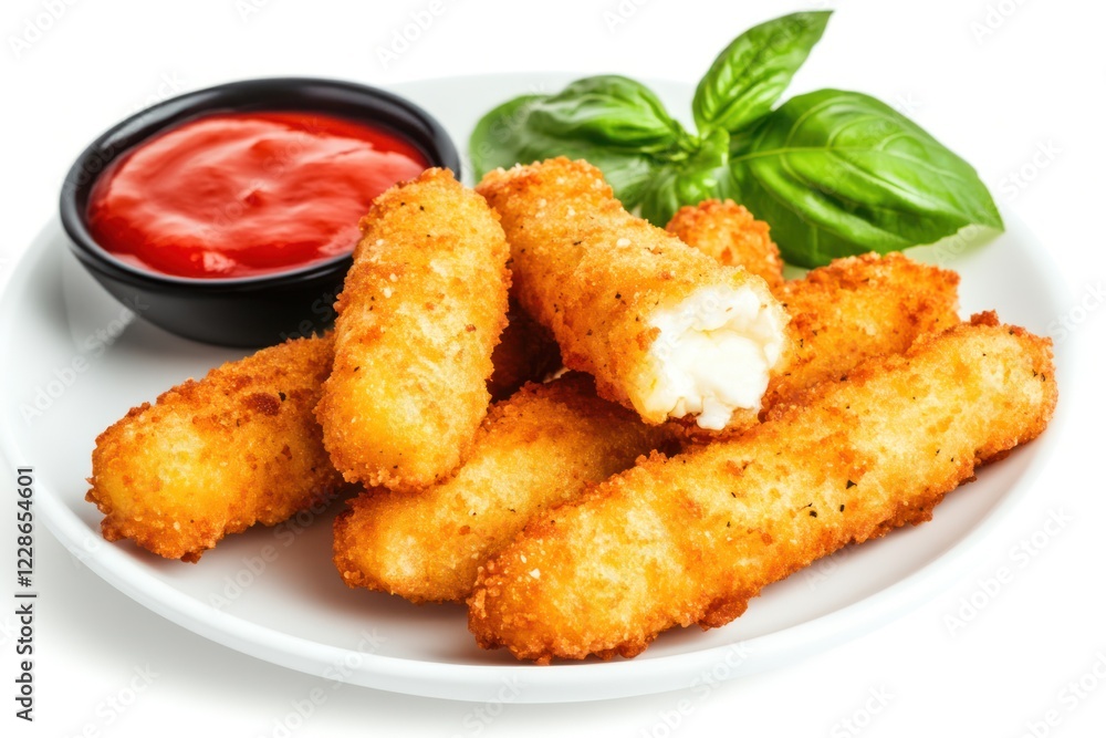 Crispy fried cheese sticks, ketchup, basil; delicious snack Crispy fried cheese sticks, ketchup, basil; delicious snack