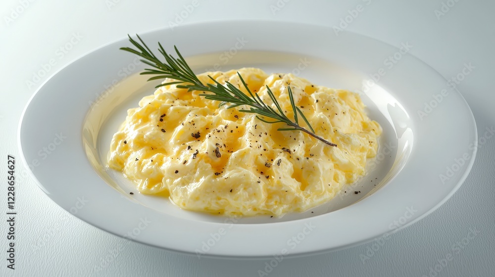 Creamy Scrambled Eggs with Fresh Rosemary and Black Pepper on a White Plate for Breakfast or Brunch Creamy Scrambled Eggs with Fresh Rosemary and Black Pepper on a White Plate for Breakfast or Brunch