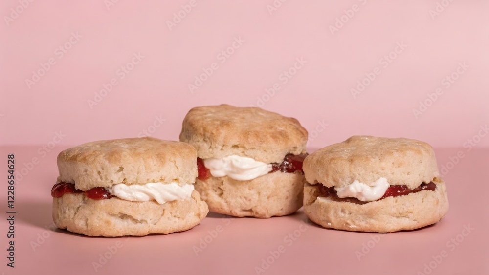 A delightful trio of freshly baked scones, generously topped with creamy whipped topping and a sweet strawberry preserve filling, resting on a soft pink background. A delightful trio of freshly baked scones, generously topped with creamy whipped topping and a sweet strawberry preserve filling, resting on a soft pink background.