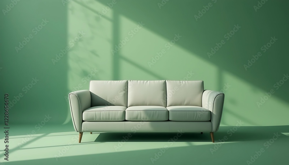 Light Beige Sofa Against Green Wall In Sunlight Light Beige Sofa Against Green Wall In Sunlight