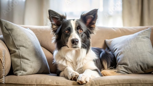 A border collie dog with its fur styled in a relaxed manner lies on a couch, surrounded by soft cushions and pillows , comfort