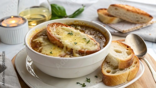 Aromatic French Onion Soup with Melted Cheese and Toasted Bread Croutons, Served in a Bowl on a Plate