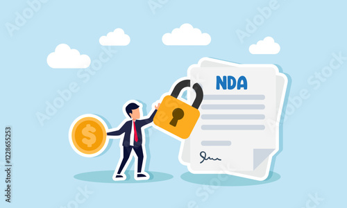 A businessman carries a dollar coin while holding a padlock securing an NDA paper, illustration of capital that must be paid to obtain a confidential document