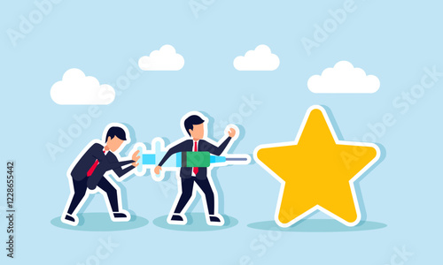 Two businessmen collaborate to inject liquid into a star, illustration of a trigger to enhance business quality