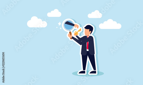A businessman observes a lit lamp with a magnifying glass, but a hand emerges from the glass trying to take a key, illustration of sabotage in analyzing and finding business solutions