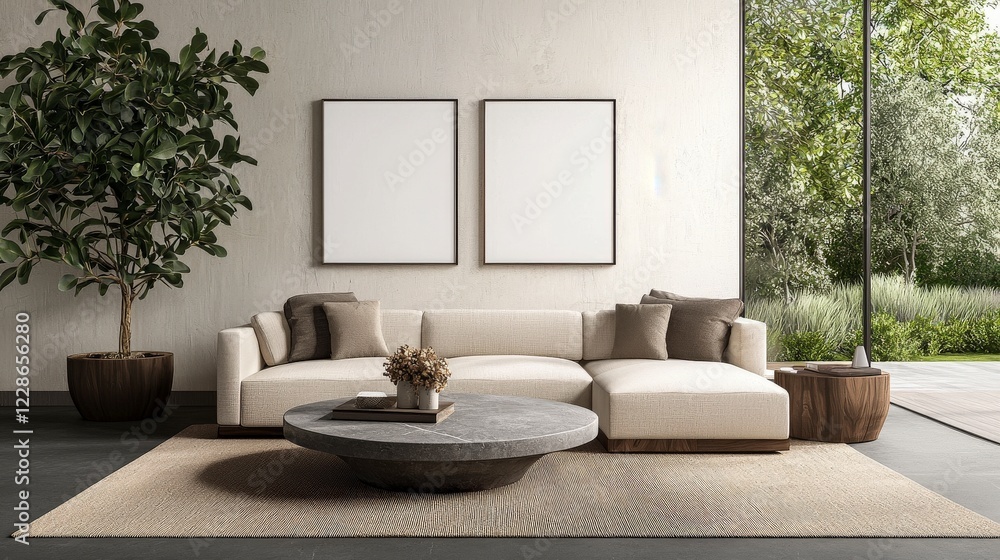 Fototapeta premium Modern Living Room with Elegant Sofa and Minimalist Decor in Bright Natural Light Setting