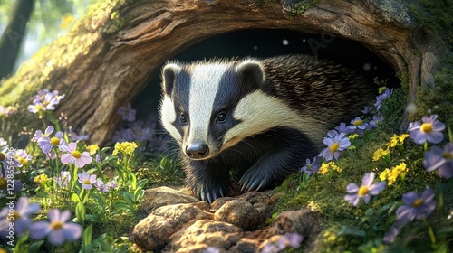 Curious badger emerging from burrow forest wildlife spring close-up nature photo