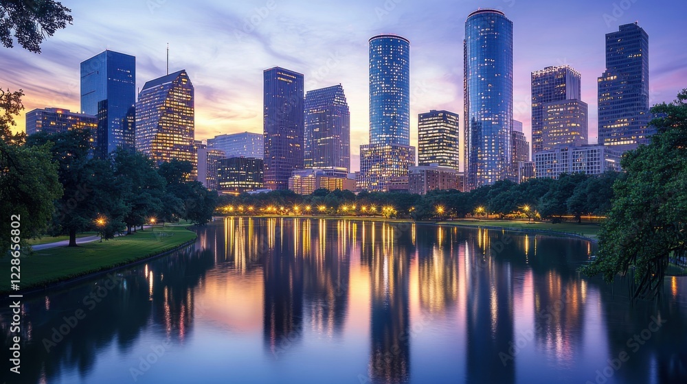 Naklejka premium A beautiful skyline of modern skyscrapers reflected in a calm lake at sunset, showcasing vibrant colors and urban tranquility.