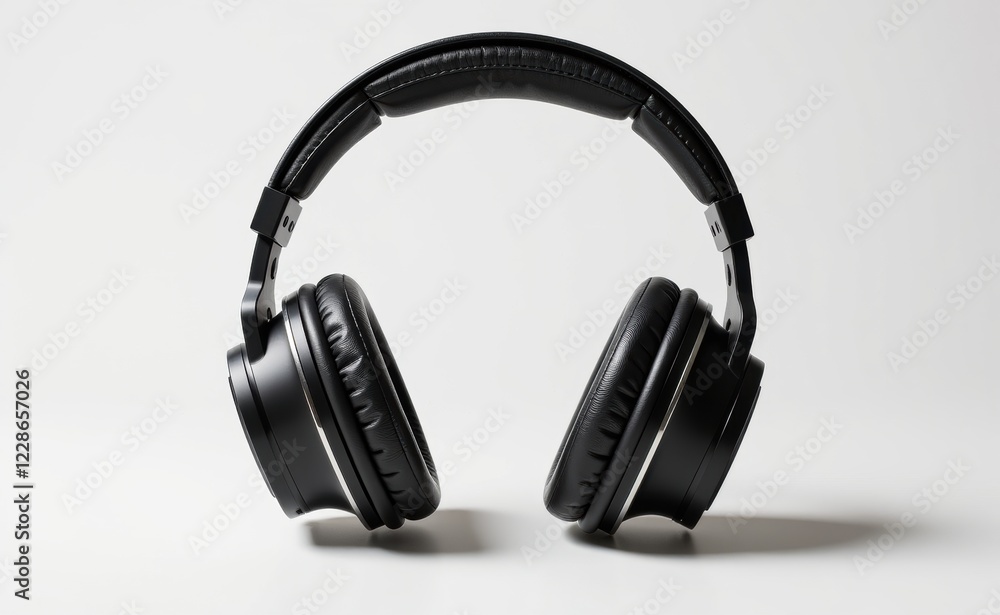 A pair of sleek, black wireless headphones levitating against a clean white background, showcasing modern audio technology. A pair of sleek, black wireless headphones levitating against a clean white background, showcasing modern audio technology.