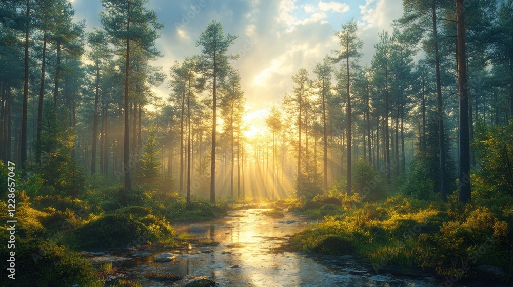 Sunlit Forest Path: A Serene Sunrise Sunlit Forest Path: A Serene Sunrise