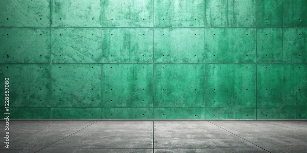 A teal concrete wall with a seamless panel design and a gray floor provides a minimalist backdrop for design projects A teal concrete wall with a seamless panel design and a gray floor provides a minimalist backdrop for design projects