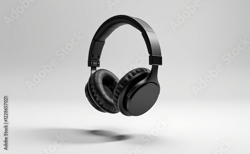 A pair of sleek, black wireless headphones levitating against a clean white background, showcasing modern audio technology. photo