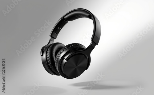 A pair of sleek, black wireless headphones levitating against a clean white background, showcasing modern audio technology. photo