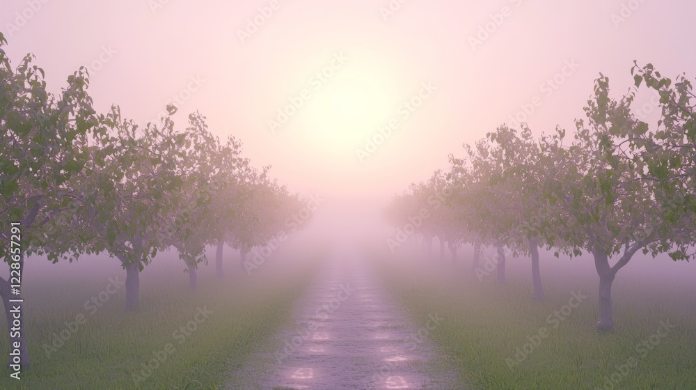 Serene Foggy Morning in an Orchard with Lush Green Footpath Serene Foggy Morning in an Orchard with Lush Green Footpath