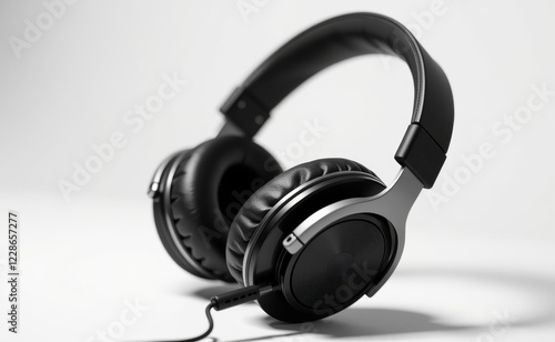 A pair of sleek, black wireless headphones levitating against a clean white background, showcasing modern audio technology. photo