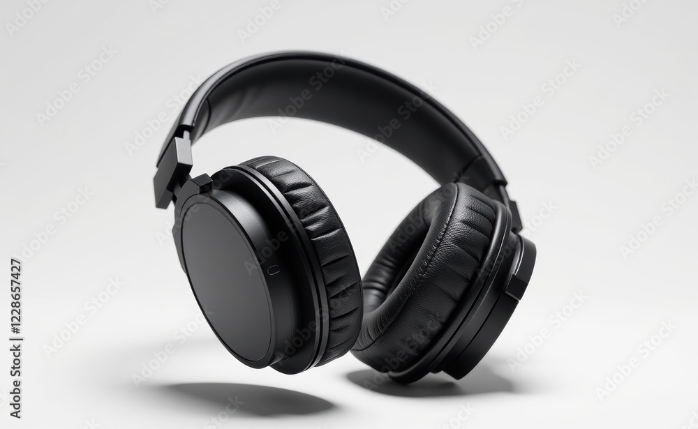 A pair of sleek, black wireless headphones levitating against a clean white background, showcasing modern audio technology. A pair of sleek, black wireless headphones levitating against a clean white background, showcasing modern audio technology.