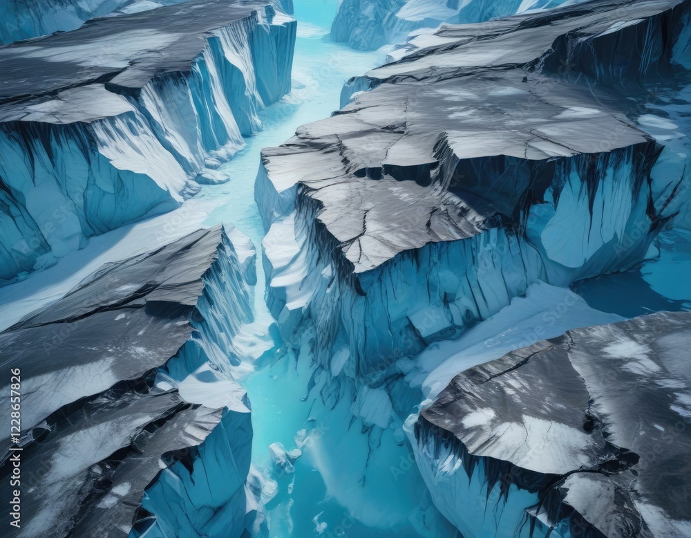Obraz premium Ice sheet with large cracks and fissures on a blue background, ice , shattered ice, glacial