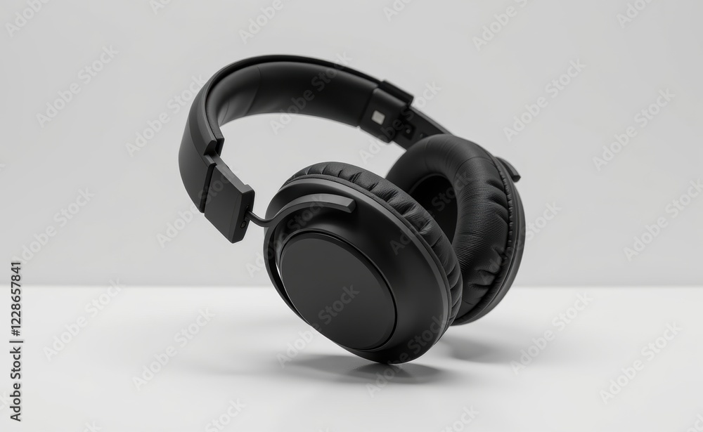 A pair of sleek, black wireless headphones levitating against a clean white background, showcasing modern audio technology. A pair of sleek, black wireless headphones levitating against a clean white background, showcasing modern audio technology.