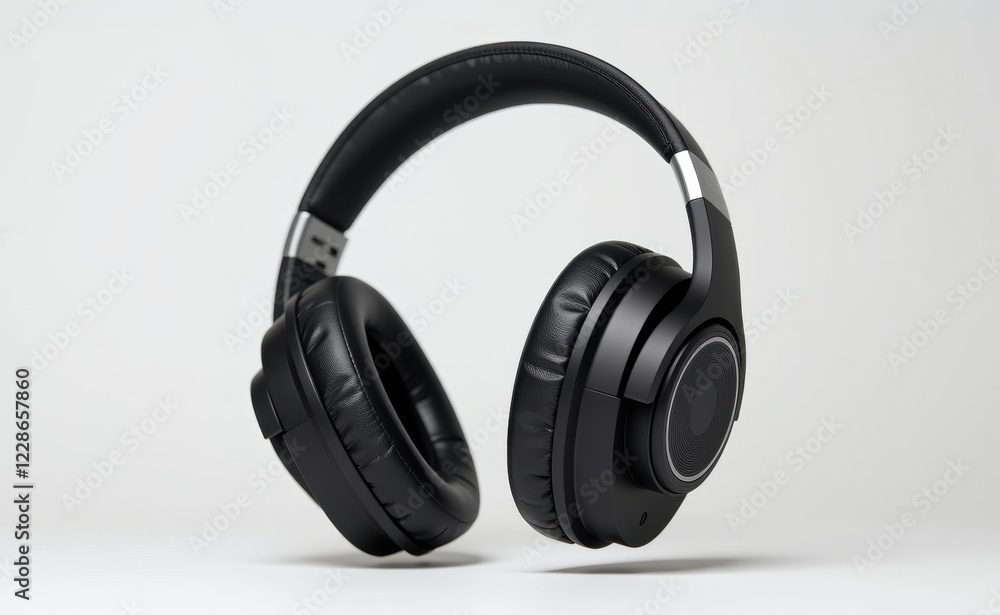 A pair of sleek, black wireless headphones levitating against a clean white background, showcasing modern audio technology. A pair of sleek, black wireless headphones levitating against a clean white background, showcasing modern audio technology.
