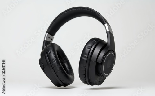 A pair of sleek, black wireless headphones levitating against a clean white background, showcasing modern audio technology. photo