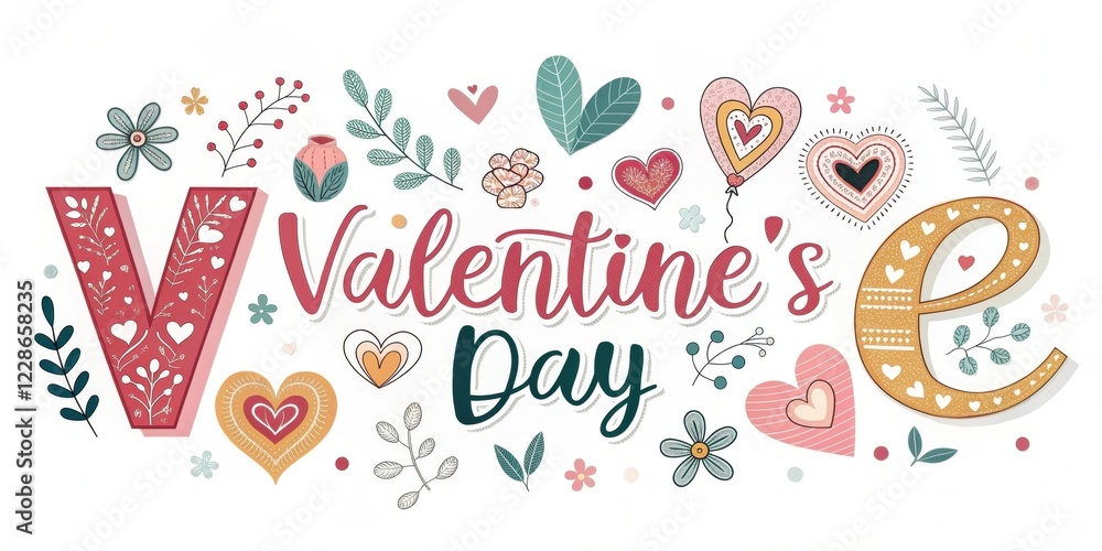 A Charming Valentine's Day Design with Floral Elements and Ornate Lettering A Charming Valentine's Day Design with Floral Elements and Ornate Lettering