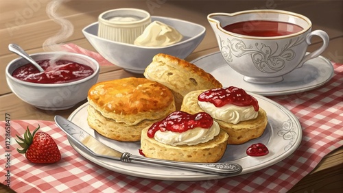 Indulge in scones with clotted cream and jam cozy tea room experience serene ambiance perfect for afternoon tea lovers photo