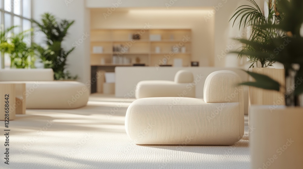 Fototapeta premium Minimalist interior with light beige furniture and lush green plants creating a serene space