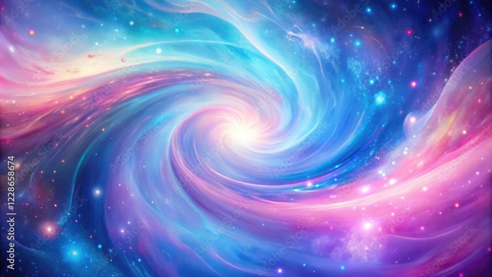 Fototapeta premium Iridescent Swirl Galaxy wallpaper with soft pink and blue hues, nebula, starry, vibrant, stardust, colorful