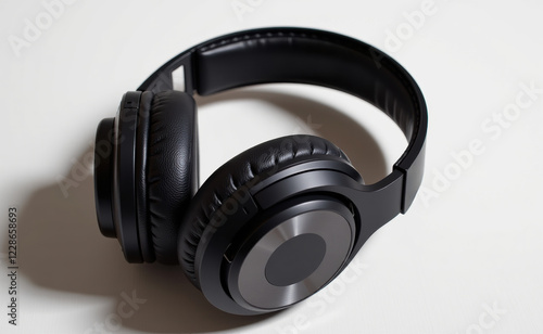 A pair of sleek, black wireless headphones levitating against a clean white background, showcasing modern audio technology. photo