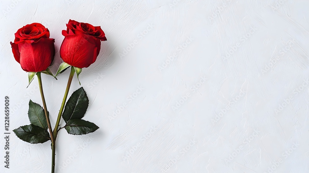 Two Red Roses on a Soft White Background with Green Leaves Two Red Roses on a Soft White Background with Green Leaves