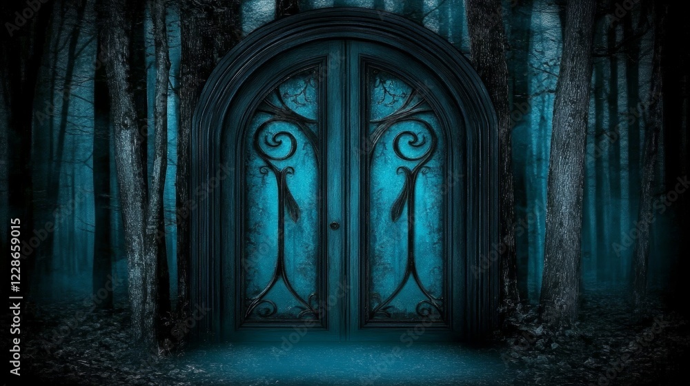 Fototapeta premium Enigmatic Dark Teal Forest Gate Mysterious Entryway