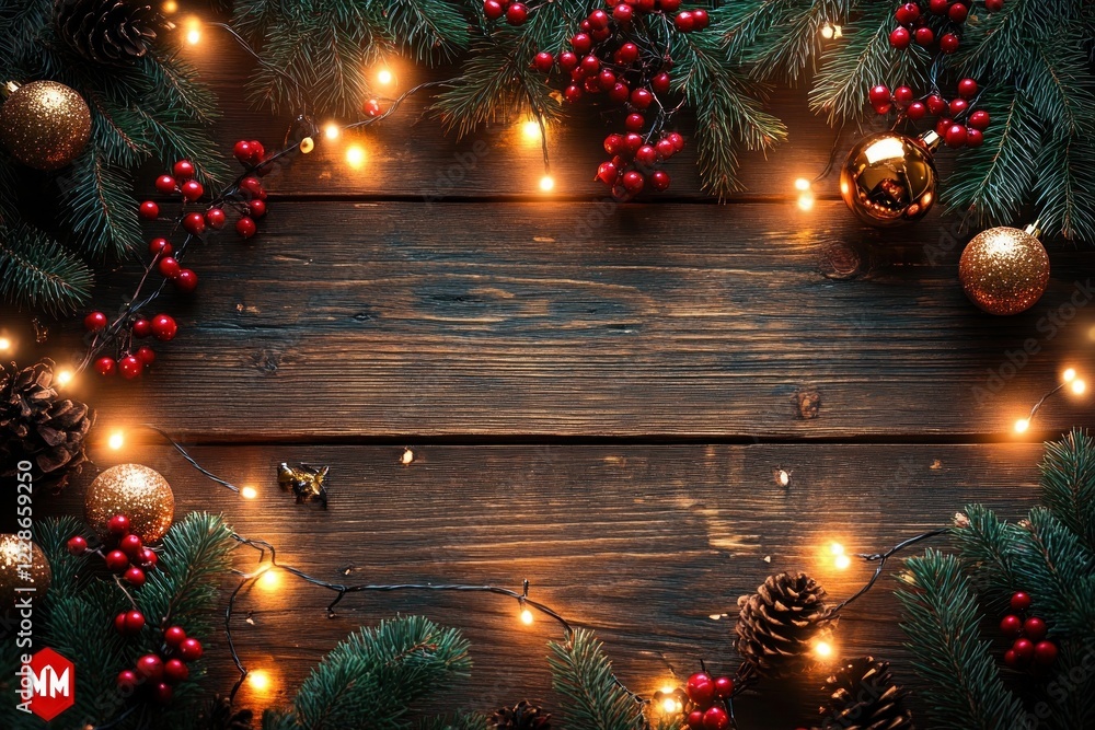 Christmas Scene with Pine Branches and Decorations on Rustic Wooden Table with Fairy Lights Christmas Scene with Pine Branches and Decorations on Rustic Wooden Table with Fairy Lights