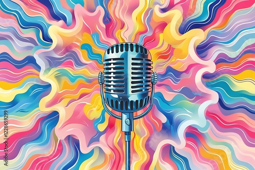 vintage microphone and colorful waves radiating outward illustration photo