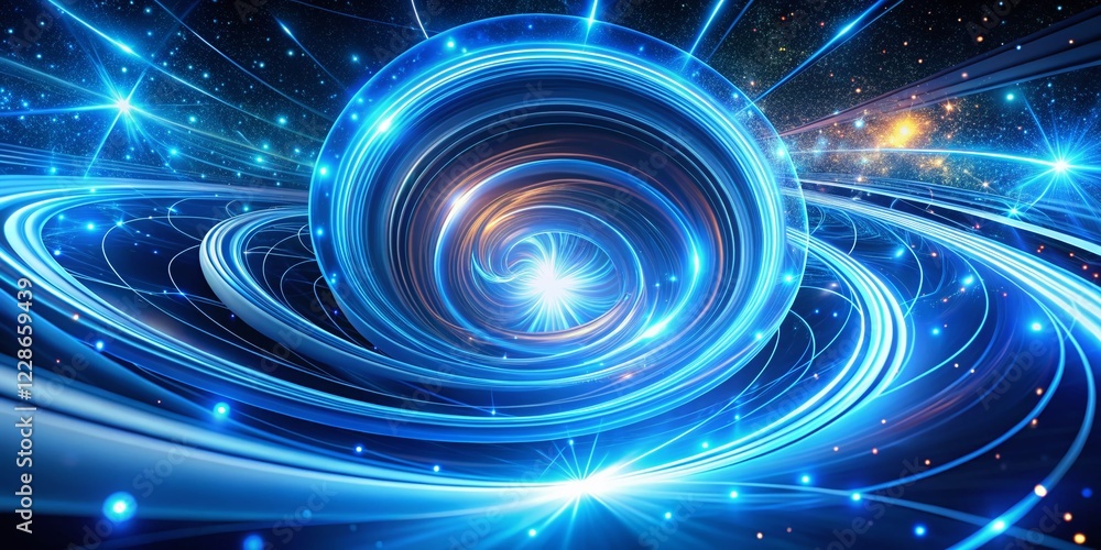 Obraz premium Abstract Blue Glowing Spiral Light Speed, Shiny Wavy Trail, Panoramic Background