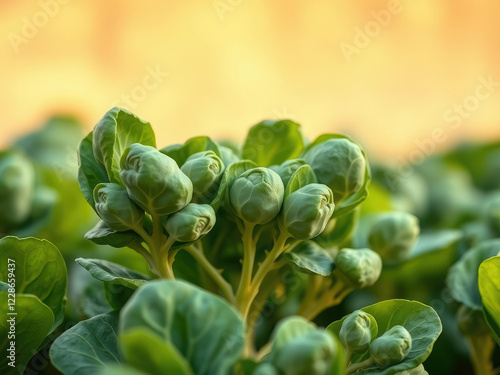 leafs of Brassica oleracea var gemmifera plant growing in garden,  green leaves with small flowers and buds,  flower buds,  garden vegetation photo