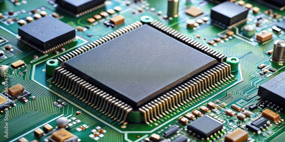 Obraz premium Microchip integrated on motherboard with multiple layers and tiny components, circuit, microprocessor