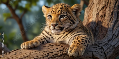 Leopard cub on tree trunk with paw hanging loose, wild animal behavior, paw photo