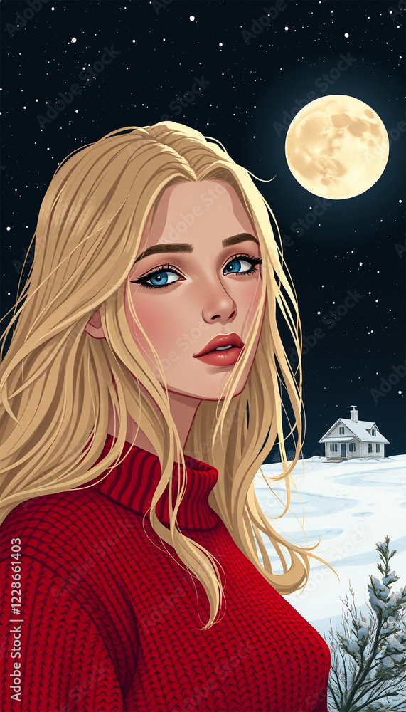 Digital illustration of a Blonde Woman Under the Moonlight